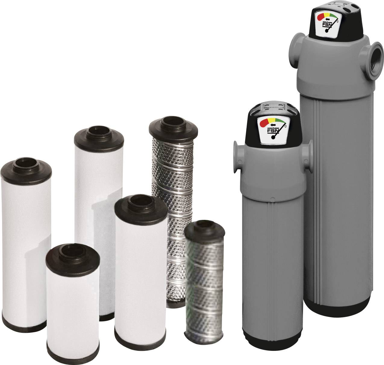 Two grey filter housings with coloured pressure indicators, alongside various replacement filter cartridges; used for air purification.