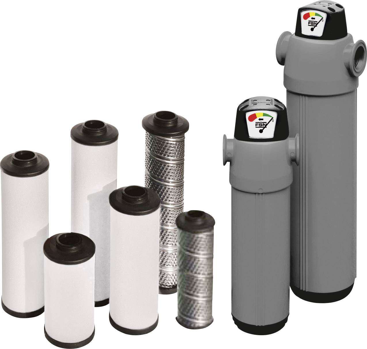Two grey filter housings and six interchangeable filter cartridges, including white and metallic ones, for air or water filtration.