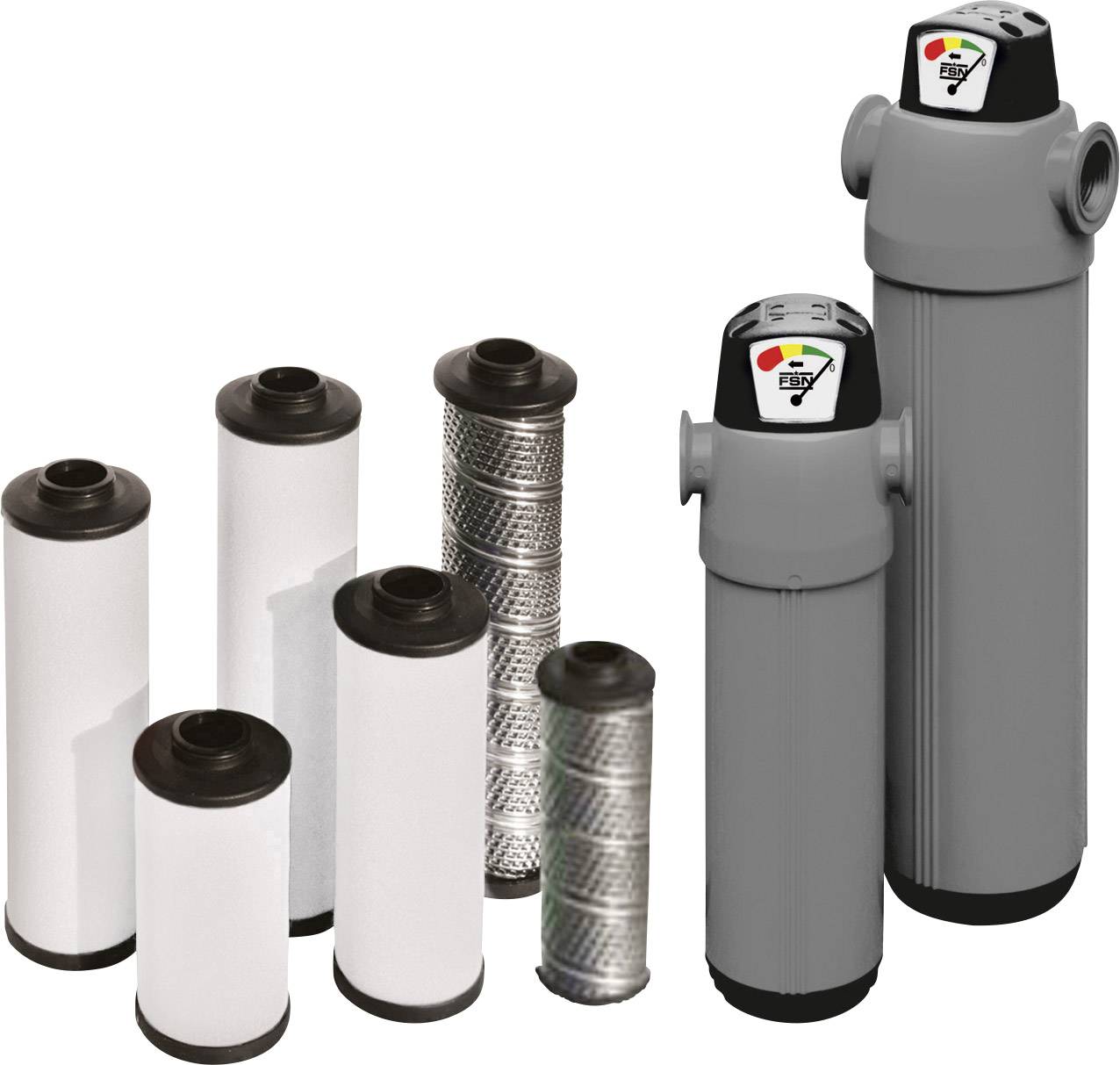 Several industrial-looking filter elements in various sizes and shapes, made of metal and plastic, against a white background.