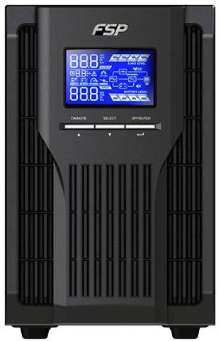 Black uninterruptible power supply (UPS) device with blue LCD display, showing power status and symbols. Brand logo at the top; control buttons underneath.