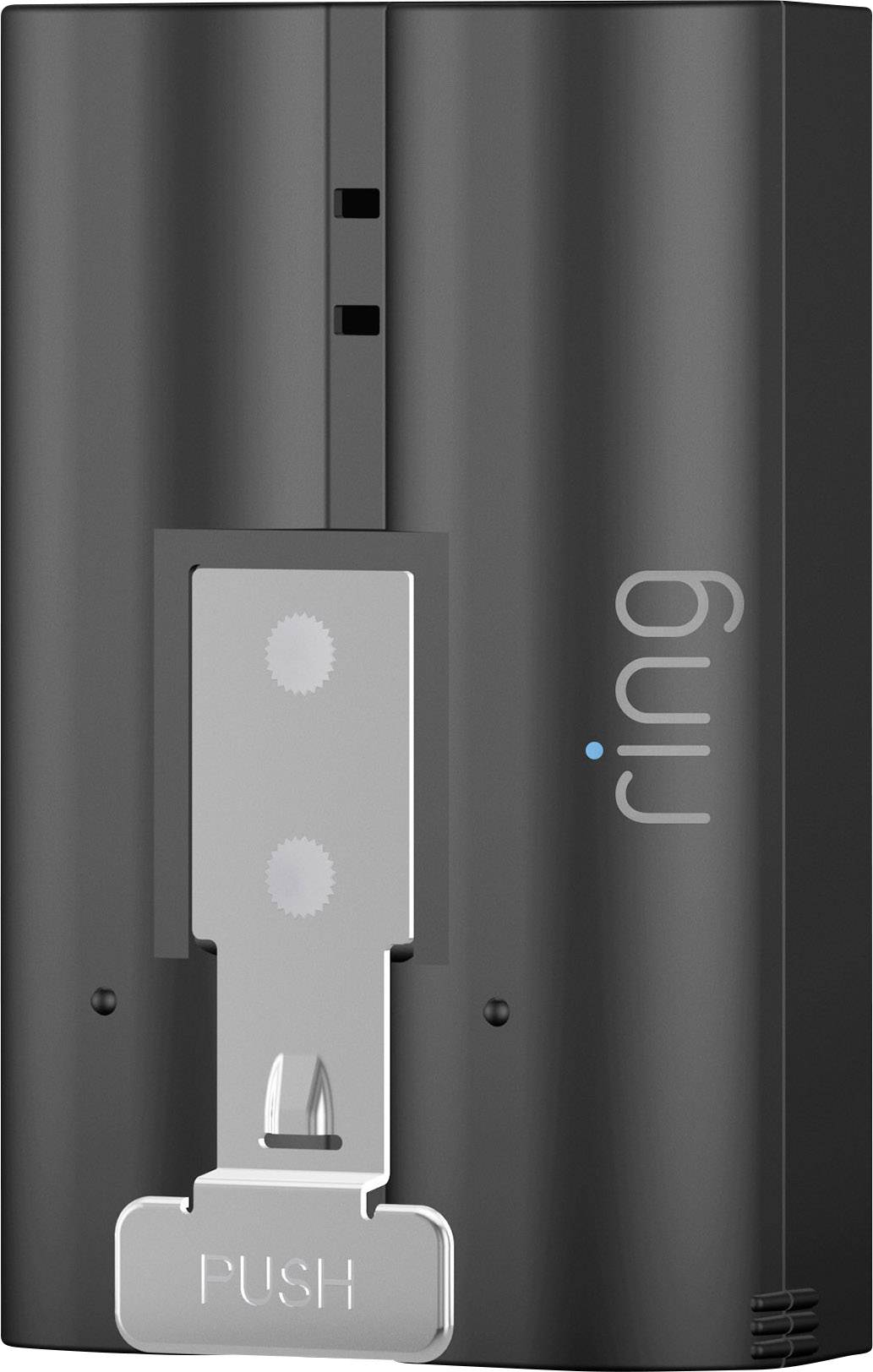 Black ring battery with push button on the front, symbol for battery level indicator.
