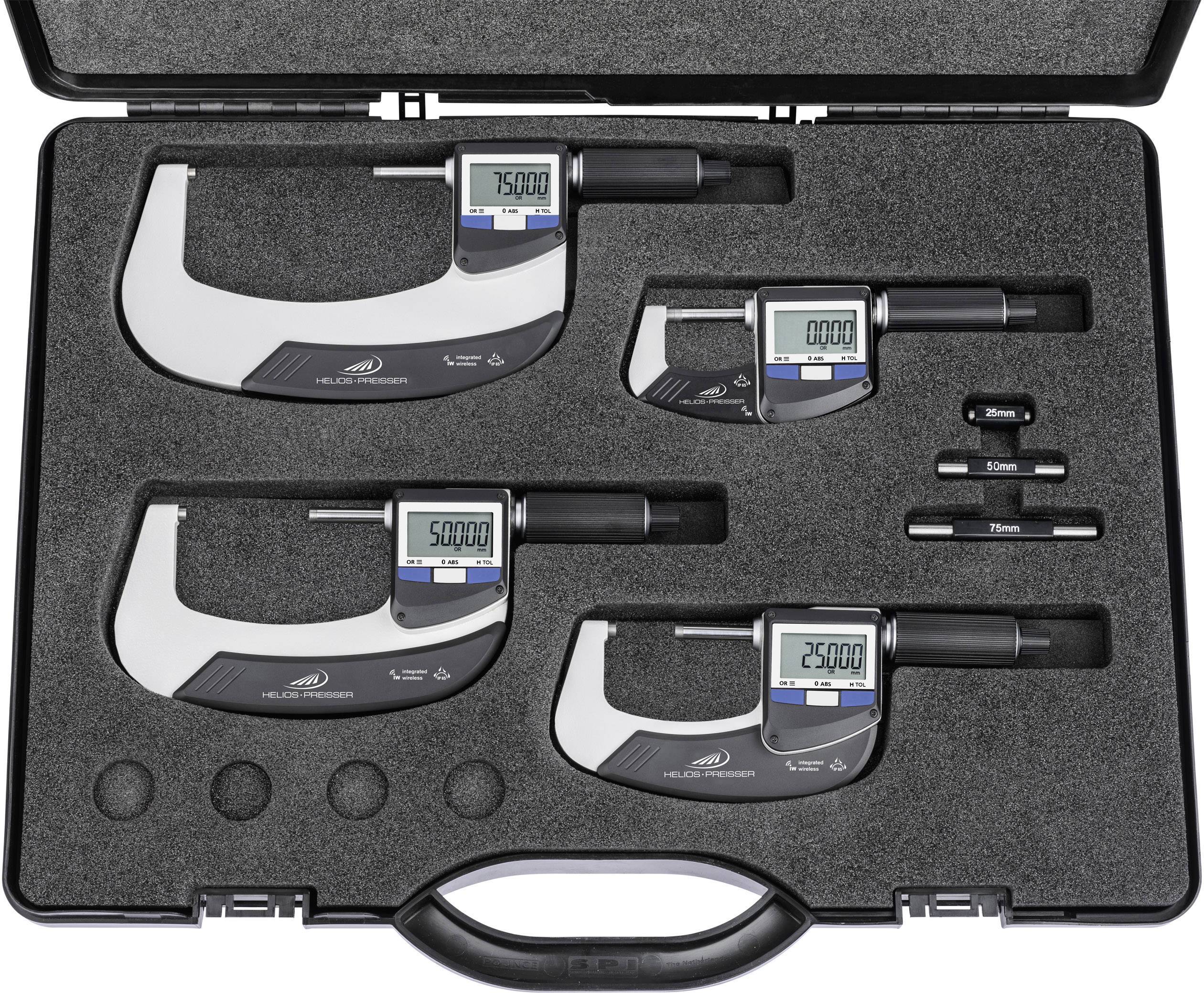 A case containing four digital micrometers of varying sizes, each with a display for length measurement. Includes additional measuring pins.