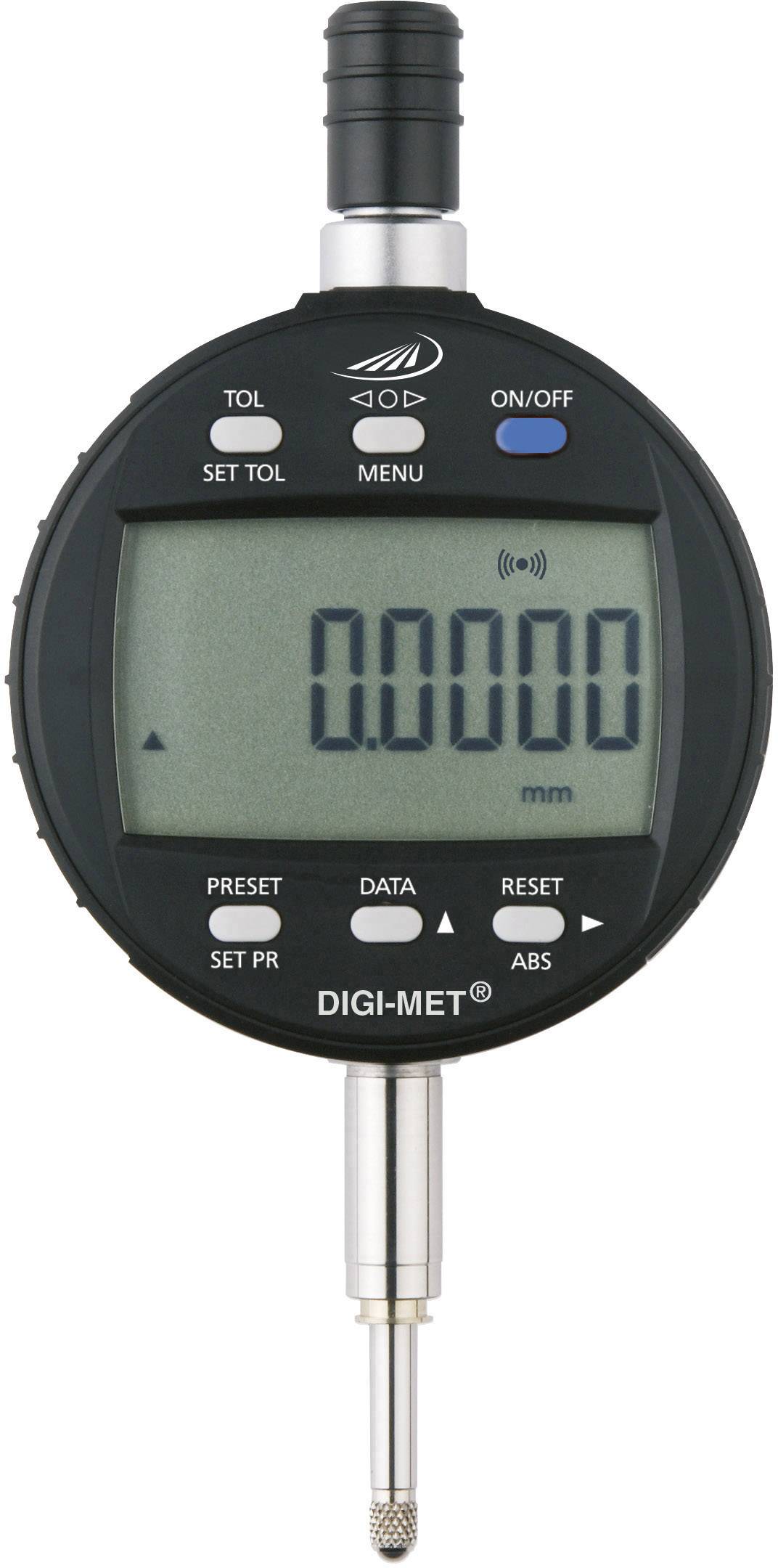 Digital measuring instrument with display showing '0.0000 mm'. Buttons for presets and data display underneath.