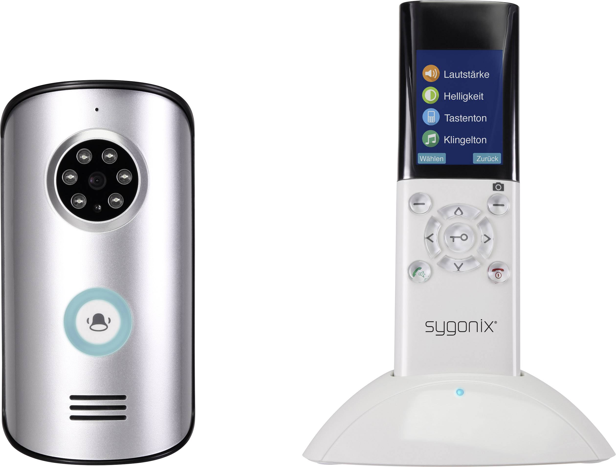Video door entry system with monitor and doorbell button. The monitor displays symbols: volume, brightness, button tone, ringtone.