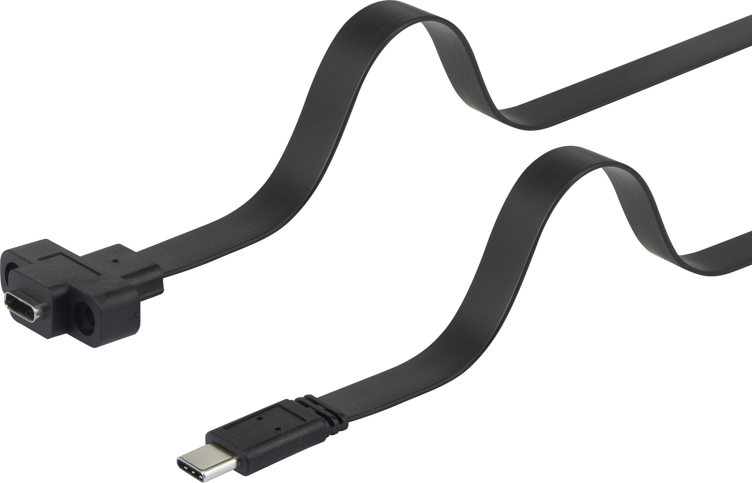 USB-C cable with angled adapter. The cable is flat and black, suitable for tight spaces or specific connection requirements.