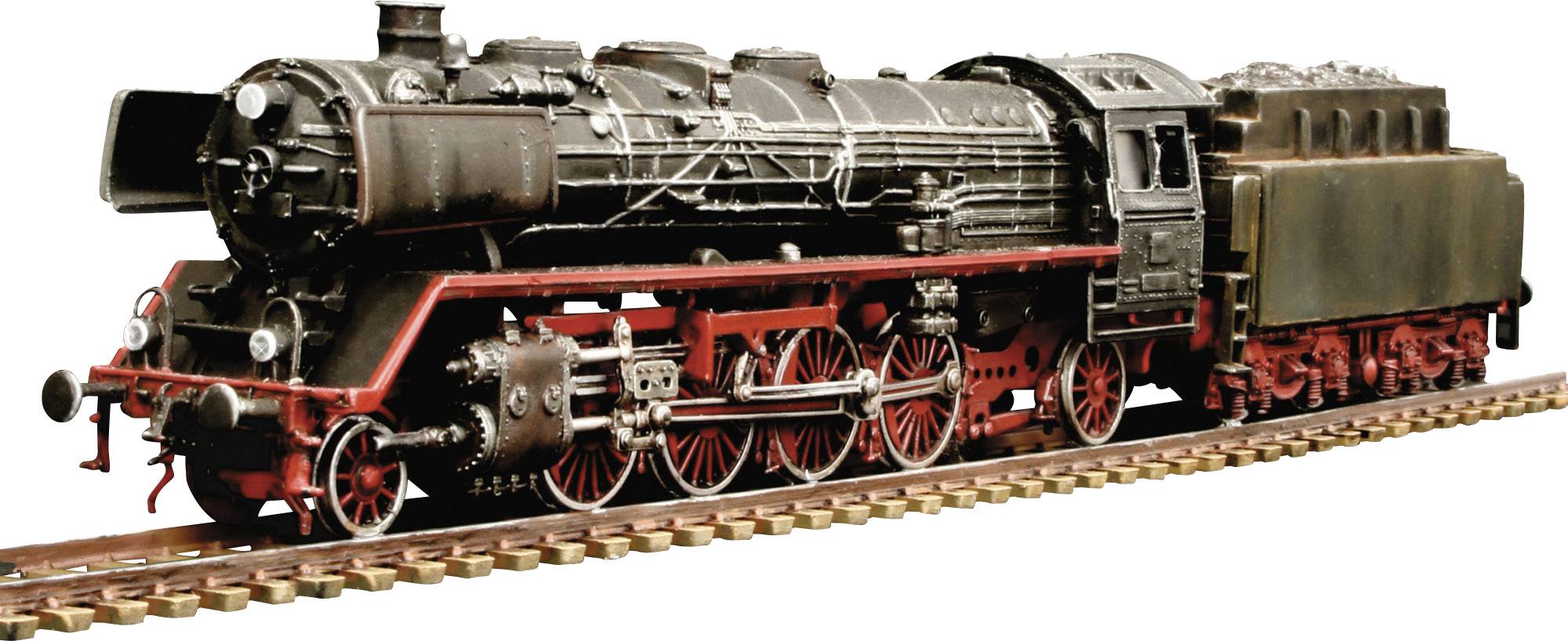 A model of a historical steam locomotive on a track, intricately detailed with black and red elements.