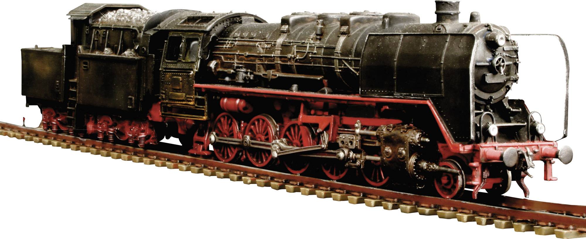 A black steam locomotive with red wheels stands on railway tracks. It is intricately and historically designed.