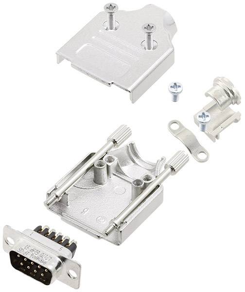 Disassembled D-Sub connector with metal housing parts, bolts and screws. Shows the individual components and the internal structure of the connector assembly.