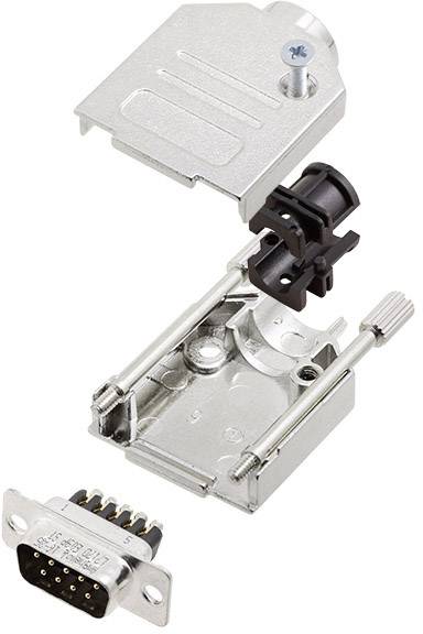 A disassembled D-sub connector shell with screws and contact pin, showing the construction and components of the housing for electrical connections.