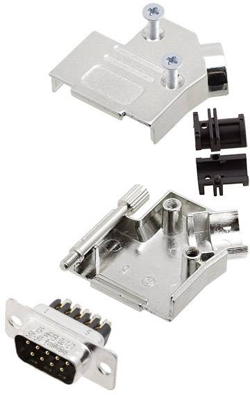 Metal enclosures for D-sub connectors with screw locks and plastic components, for secure connection of electronic devices.