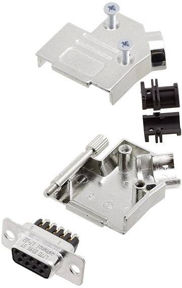 Metal housing for D-sub connector, disassembled into upper and lower halves with screws and cable clips.
