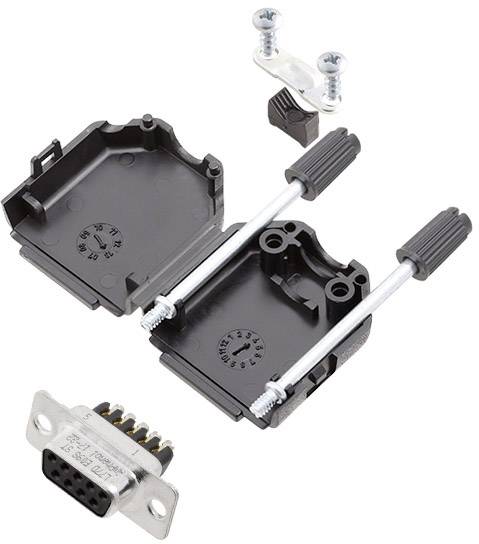 A D-sub connector housing, consisting of two black half-shells, screws, and a metal connector with multiple pins.