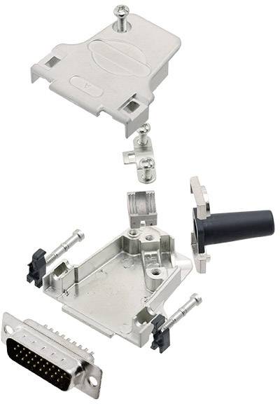 A disassembled electrical plug with a metal casing, screws, and connection pins. Shows detailed components.