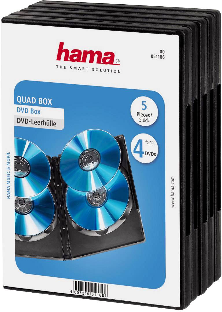 DVD empty case 'Quad Box' by Hama for 4 DVDs, packaging shows picture of opened case with CDs, inscription '5 pieces'.