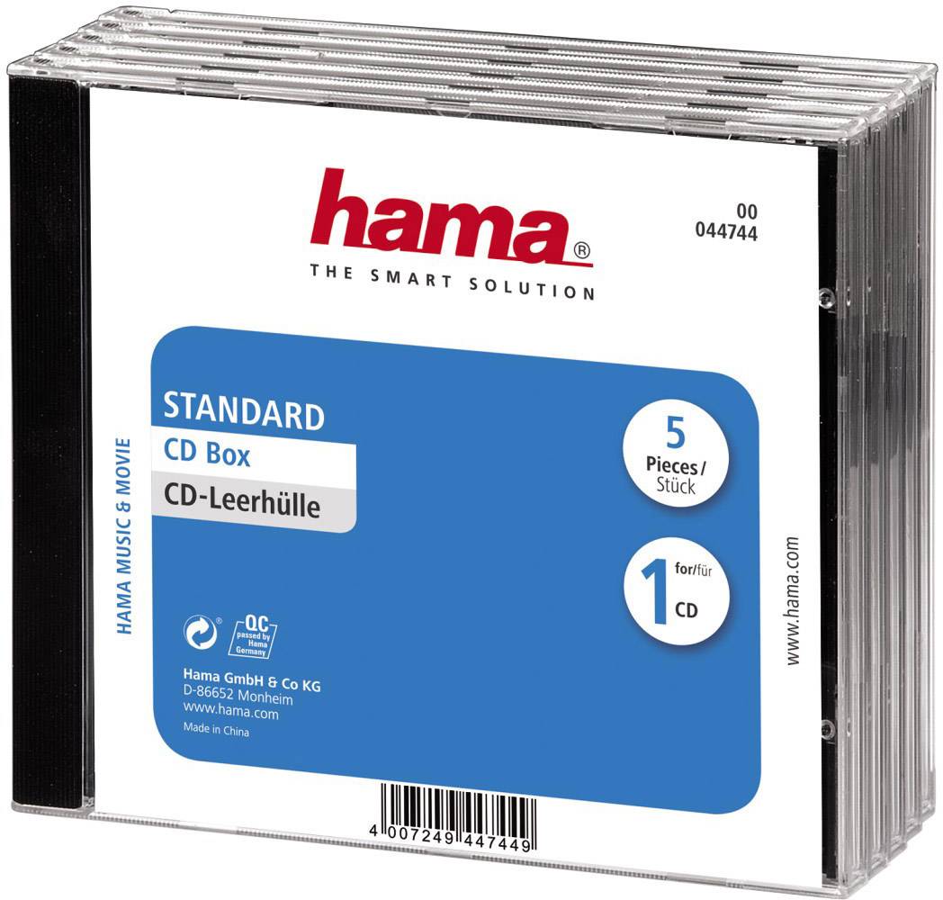 Hama CD case, Standard model, 5 pieces per pack, suitable for storing CDs. Transparent with blue labelling.