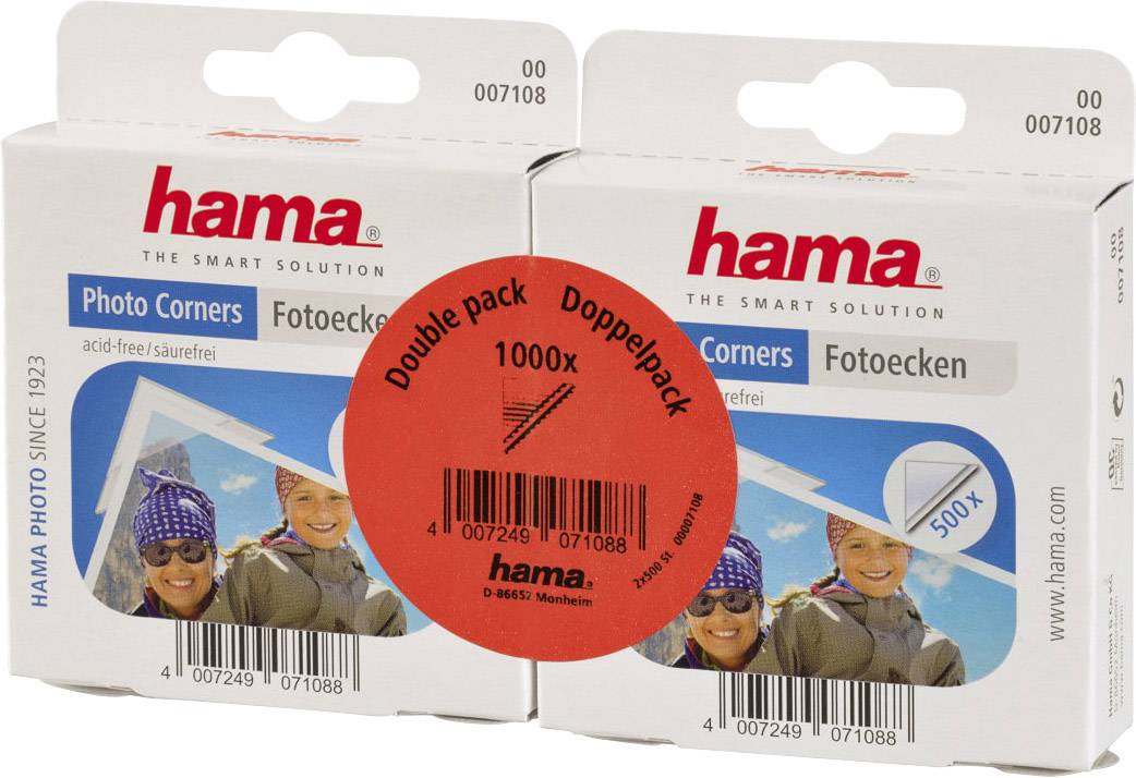 Two packets of Hama photo corners, each with 500 pieces. They are acid-free. A red label on the packets reads 'Double Pack 1000x'.