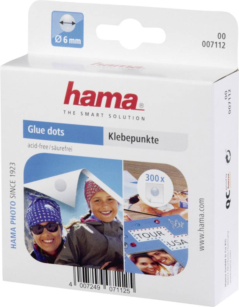 Hama 'Adhesive Dots' packaging, contains 300 acid-free adhesive dots with 6 mm diameter. Packaging shows example applications.
