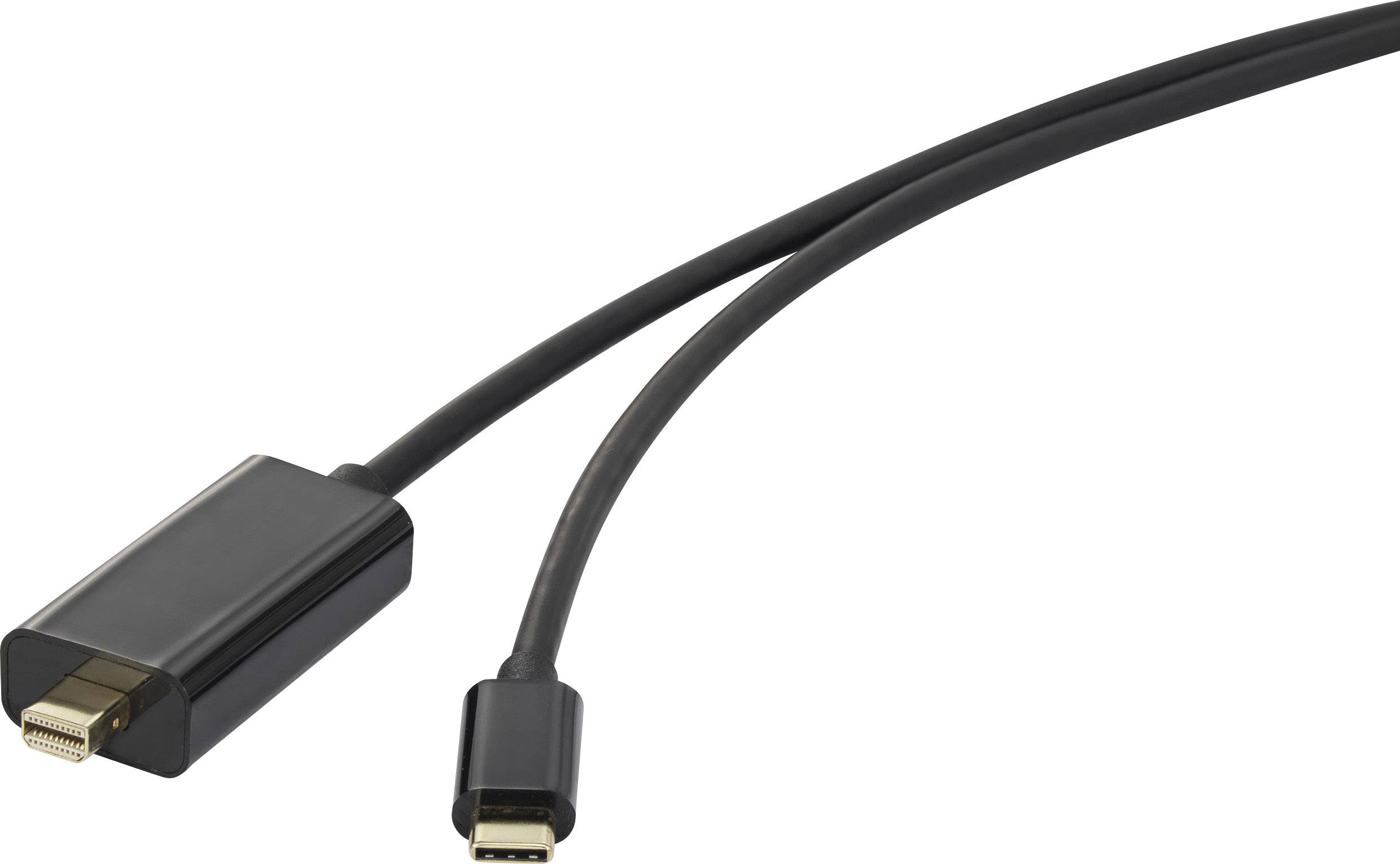 A black HDMI to USB-C cable with an HDMI plug on the left and a USB-C plug on the right, isolated on a white background.