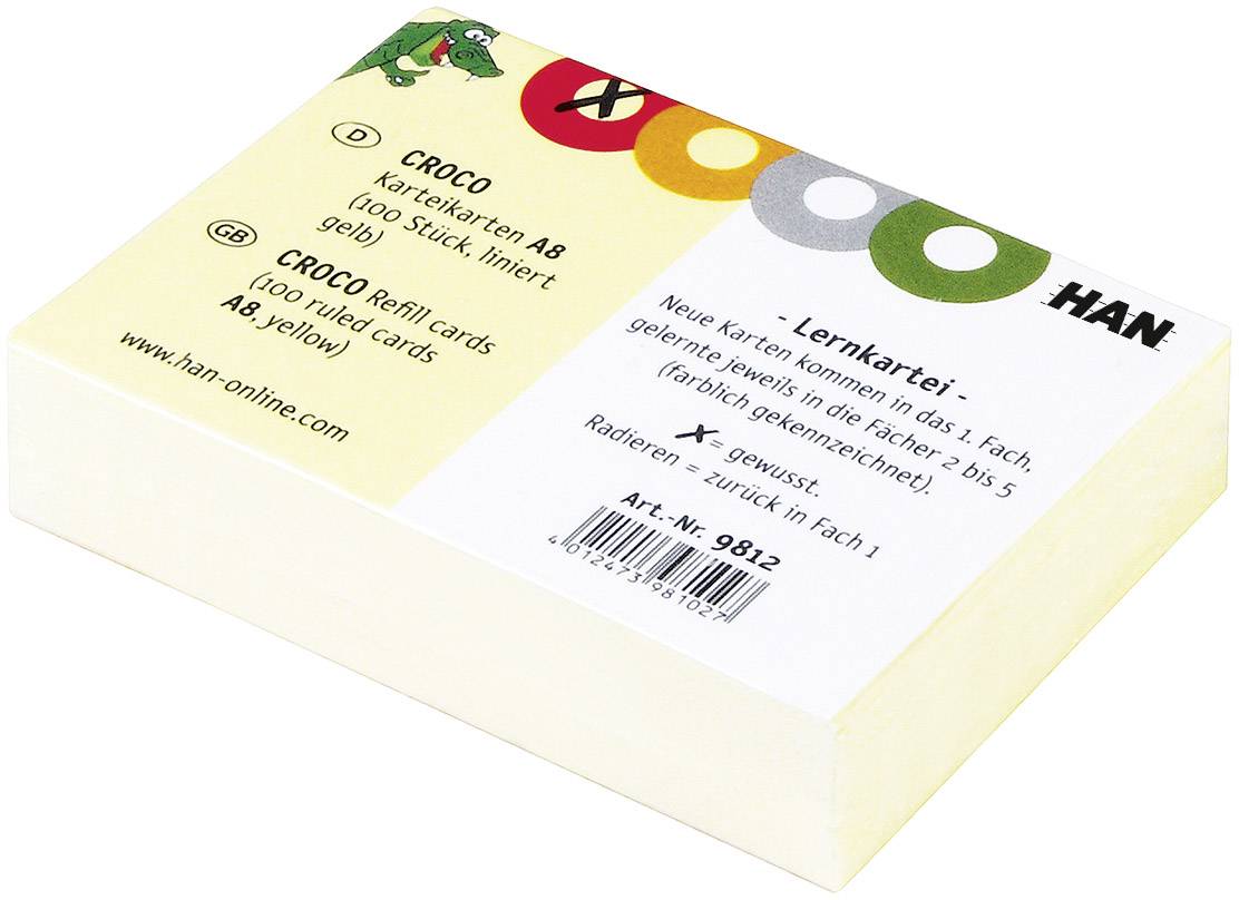 Stack of yellow index cards in A8 size by the brand 'HAN'. Text on the packaging describes that new cards are placed in the 1st section.