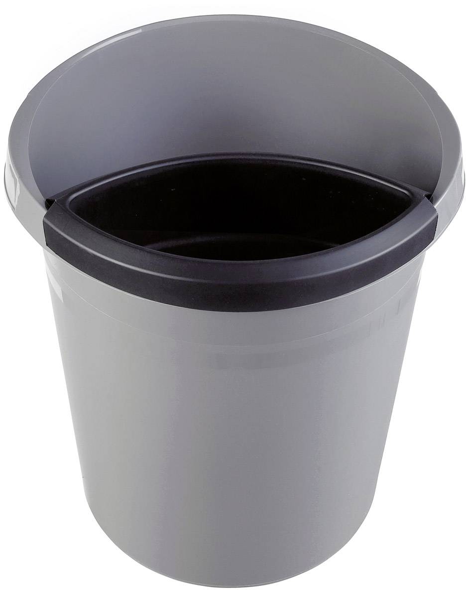 Grey plastic waste bin with a hinged lid, viewed from above.