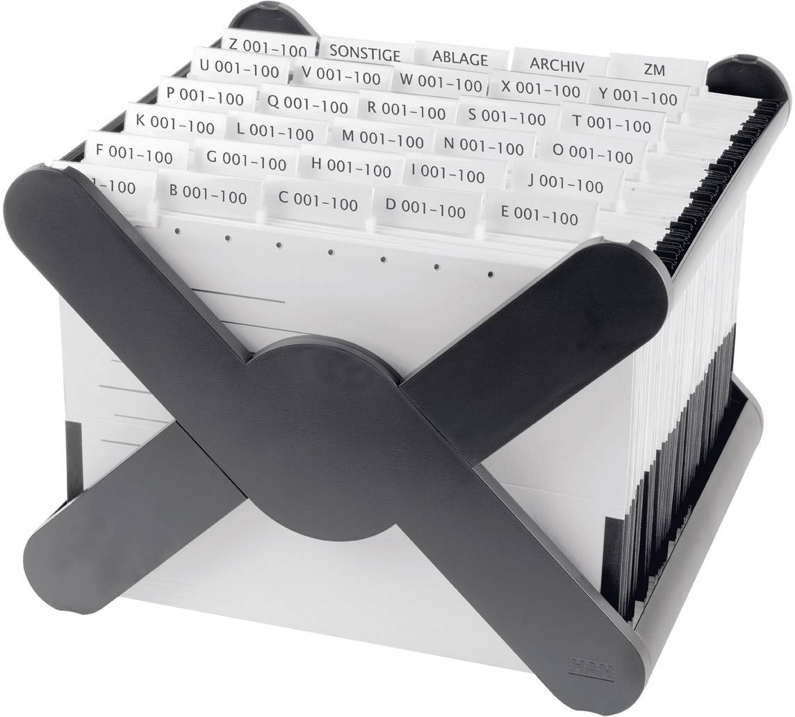 An open index card box with alphabetically arranged dividers from A to Z and additional categories for archiving.