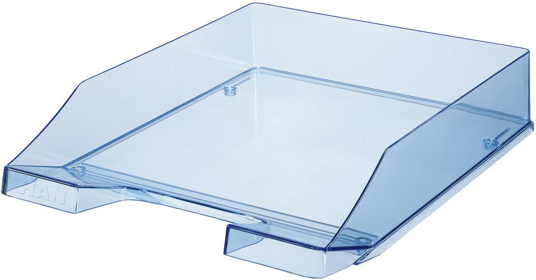 Blue, transparent plastic document holder, flat and rectangular, for storing documents on desks.