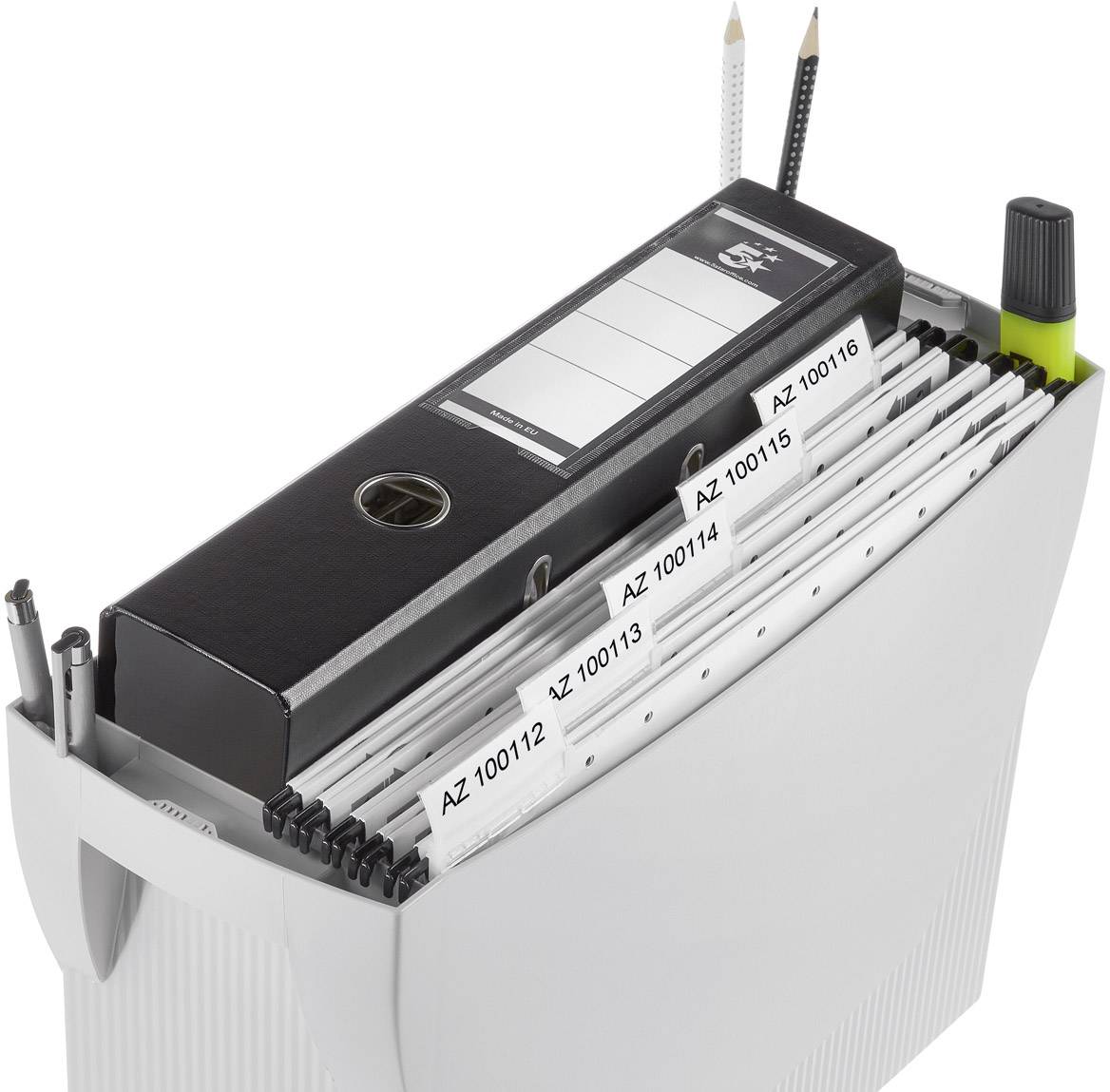 A lever arch file with divider sheets, each bearing different file reference numbers. Beside it sits a black permanent marker.