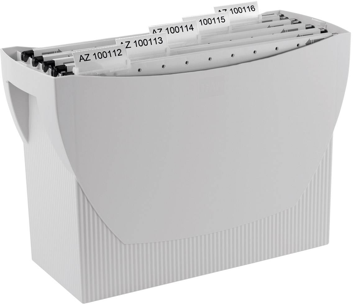 A grey hanging file system with several organised files, bearing numbered labels such as 'AZ 100112'.