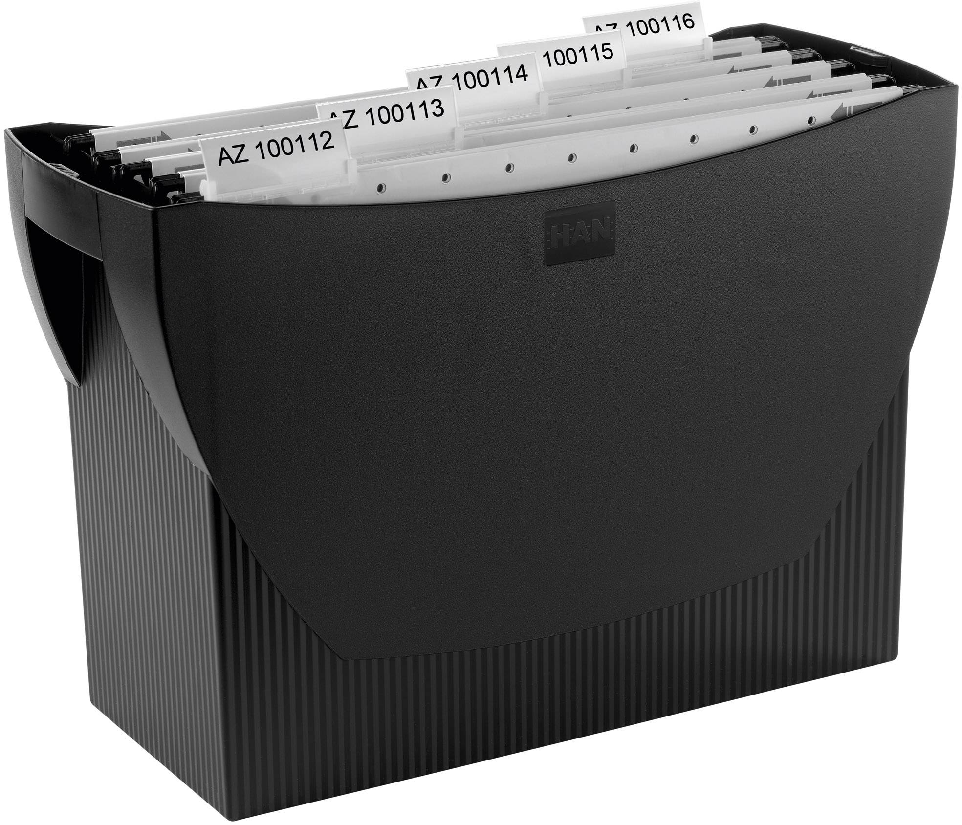 A black vertical file stand with multiple hanging folders, their tabs labelled with numbers ranging from 'AZ 100111' to 'AZ 100117'.