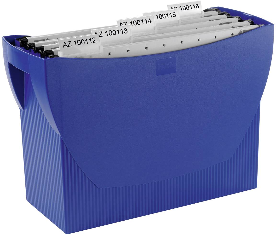 Blue, portable file folder with multiple dividers labelled 'AZ 100112' to 'AZ 100114' for document organisation.