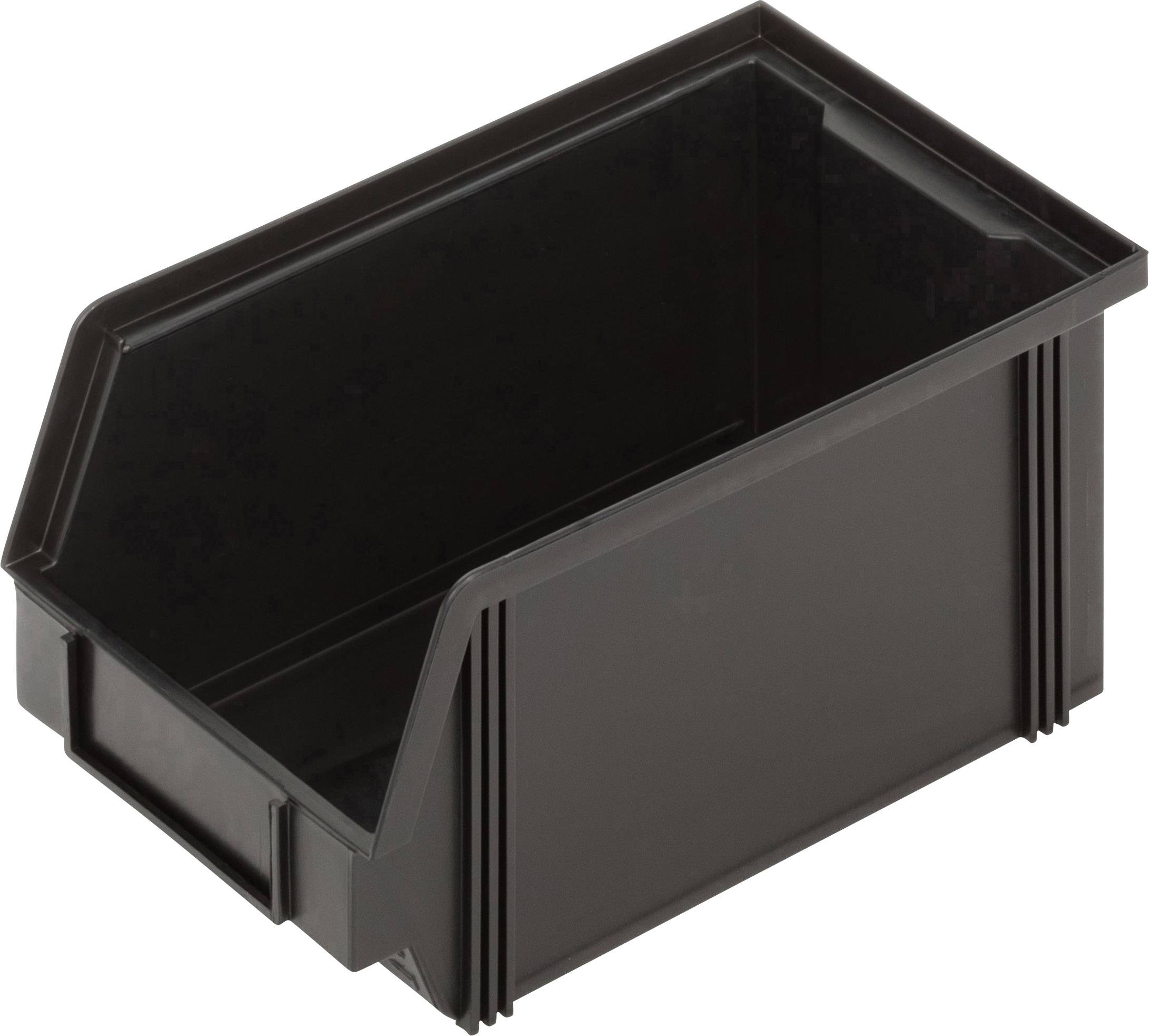 Black plastic storage box with an open front, suitable for storing tools or small items.