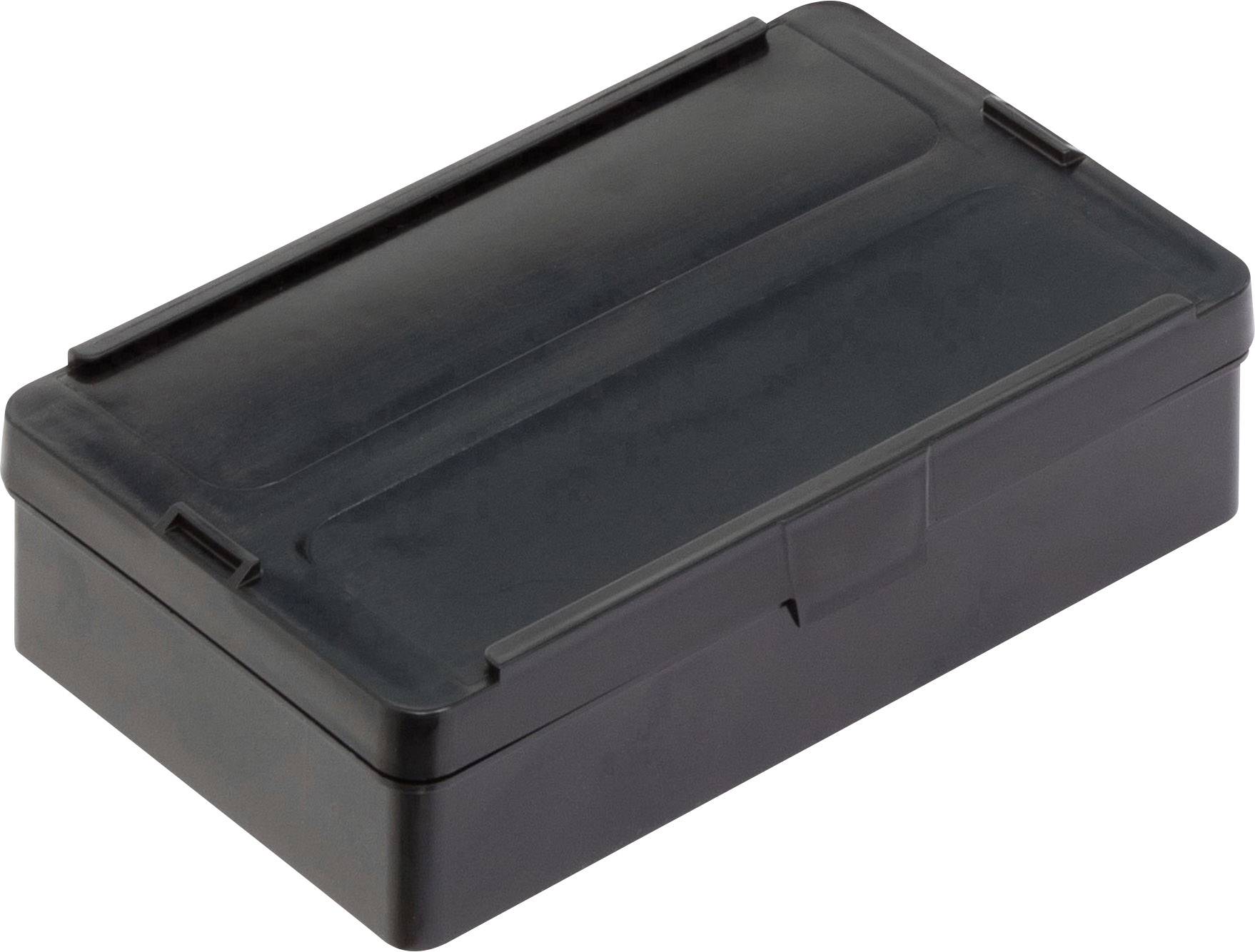 A black, rectangular plastic box with rounded corners, serving as a storage container.