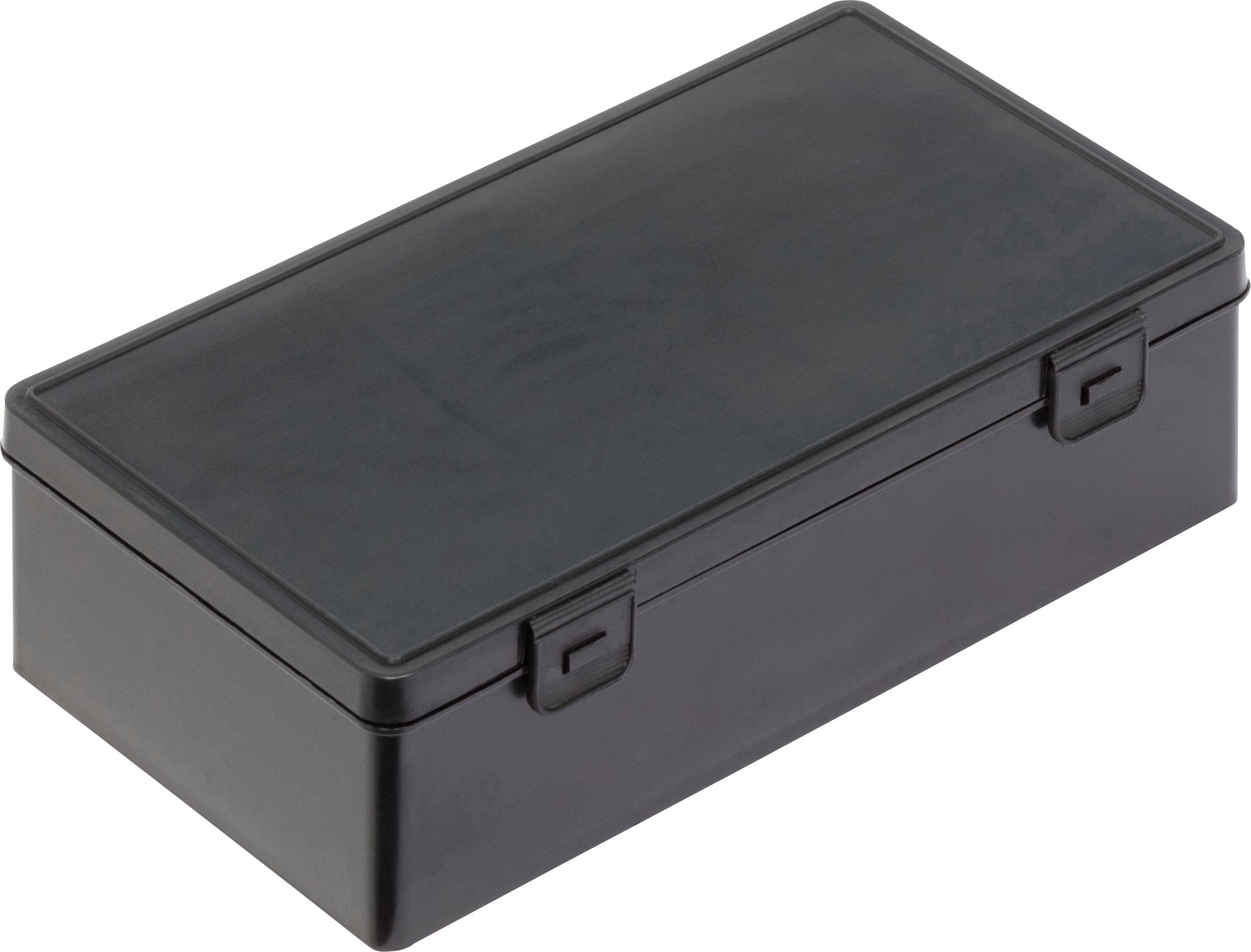 Rectangular black plastic box with two locking clips on the front.