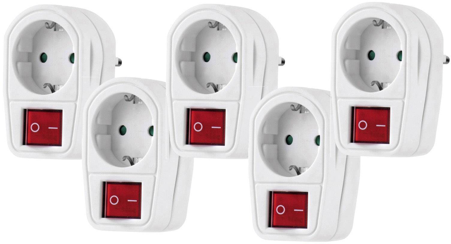 Five white power sockets with red on/off switches, all switched off. They are intended for controlling electrical devices.