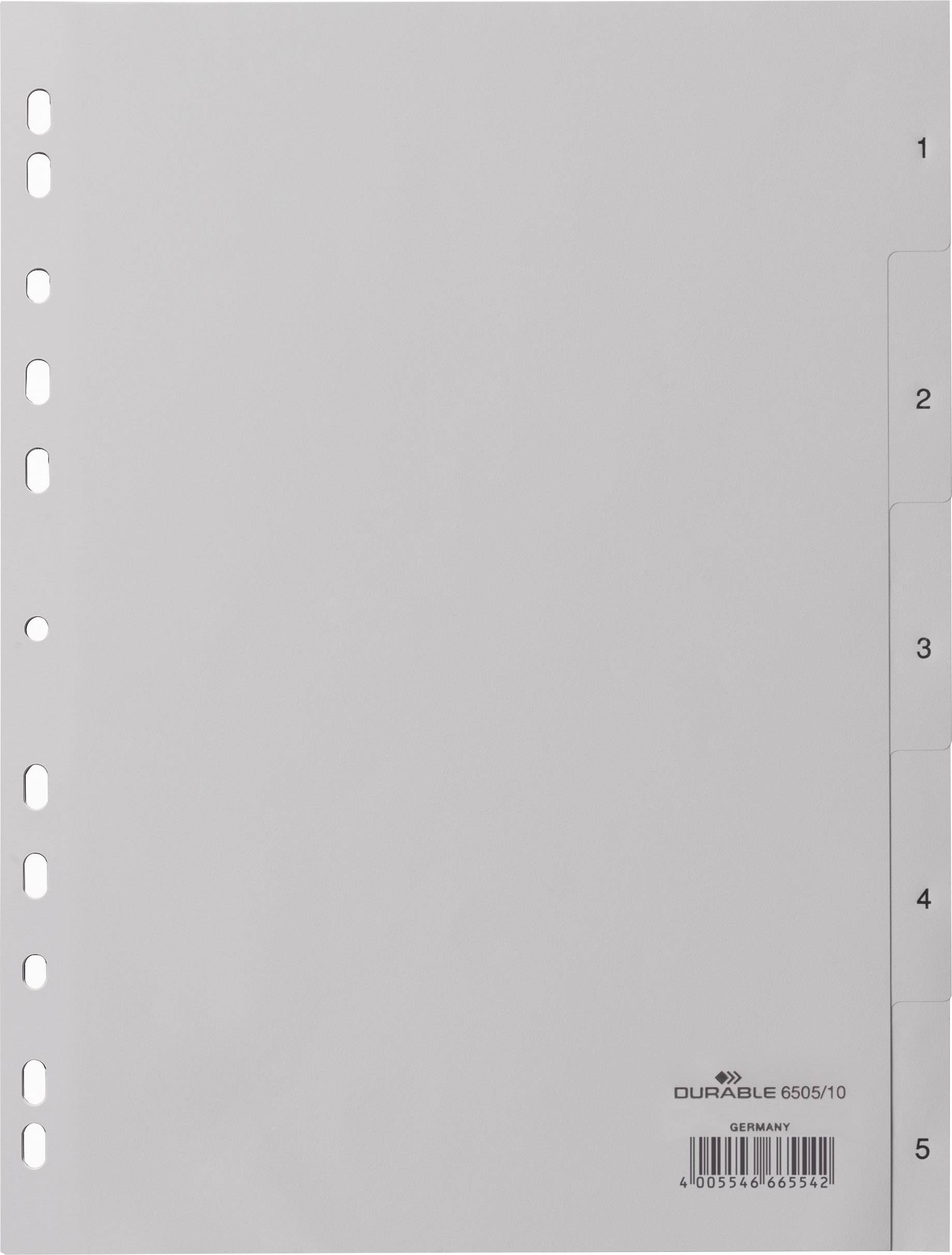 Register pages with punched holes on the left, numbered tabs 1 to 5 on the right. Product name 'DURABLE 6505/10' at the bottom.