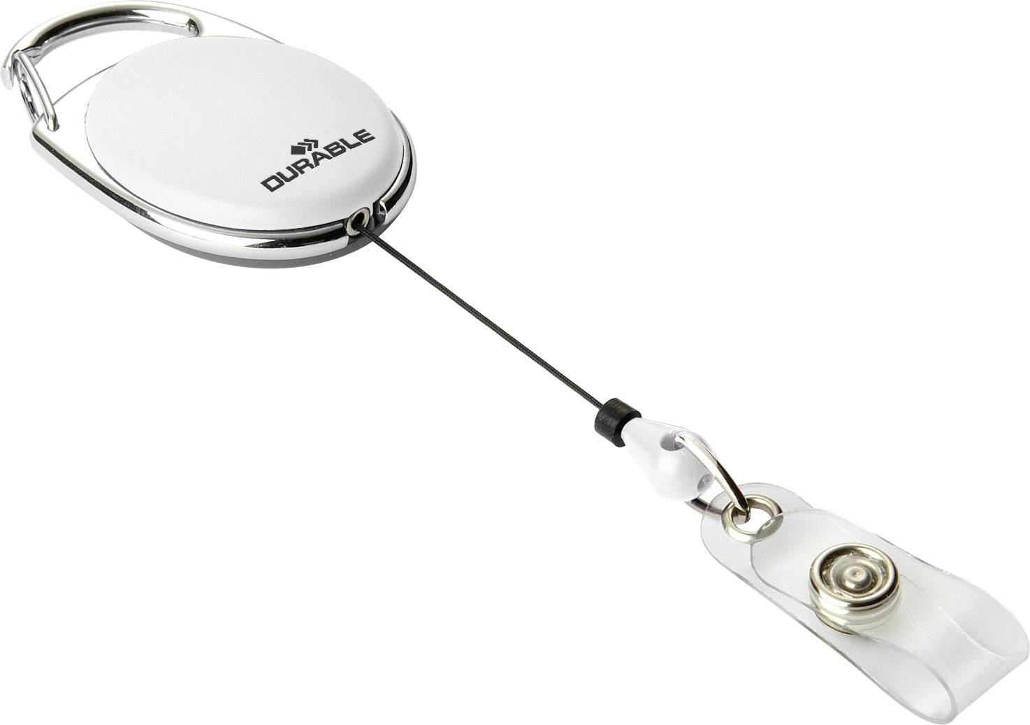 A white, round ID badge holder with an extendable lanyard, a silver-coloured border and a clip for attaching cards.