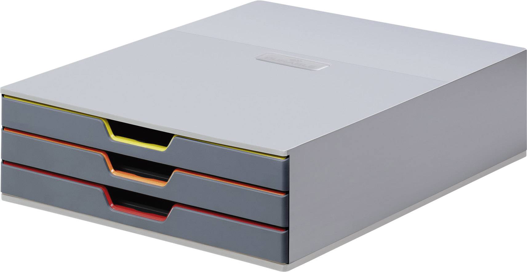 Grey-blue filing system with three coloured drawers, used for efficient document organisation in the office.