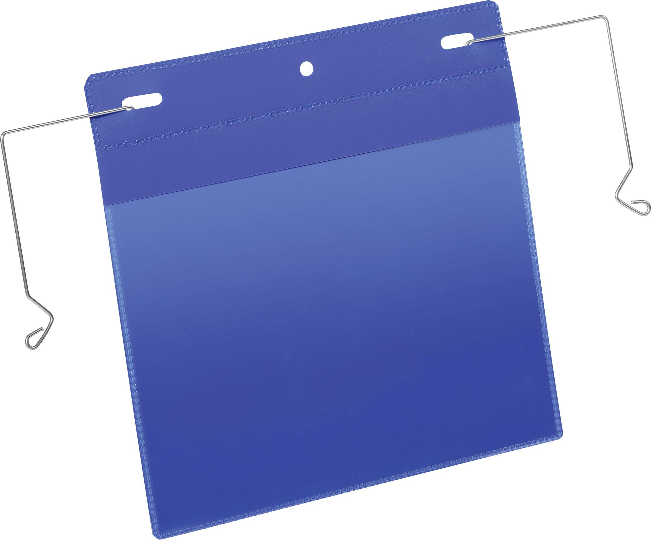 Blue hanging file with metal hooks and transparent front cover; used for storing and organising documents.