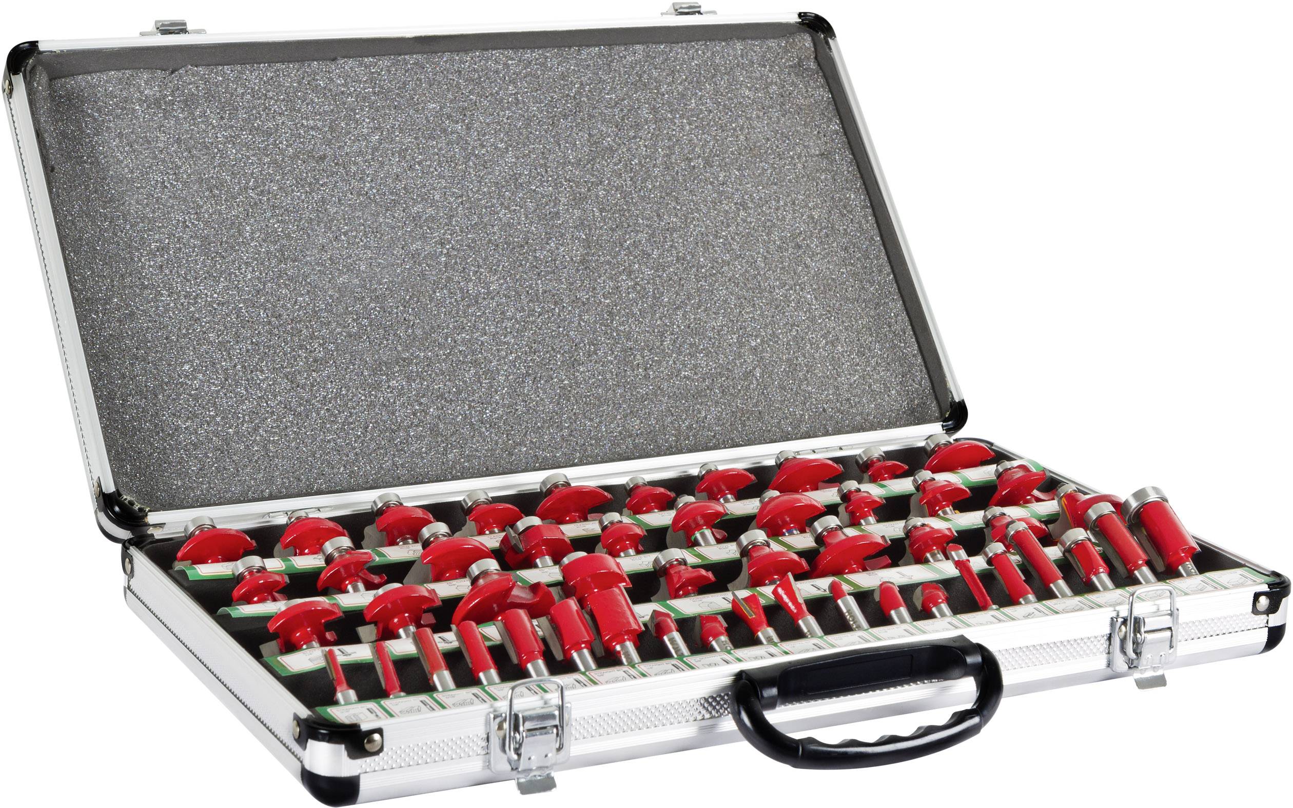 Silver metal case with red router bits in various sizes, arranged in foam inserts. Suitable for woodworking or metalworking.
