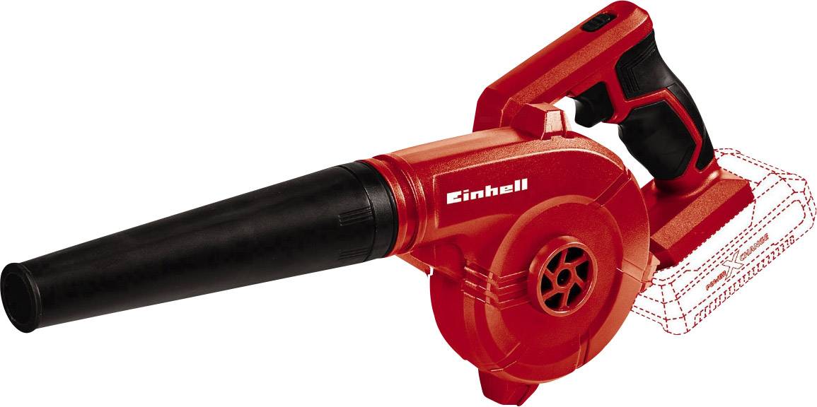 A red Einhell cordless blower with a black handle, without battery inserted. Suitable for cleaning work in the garden.