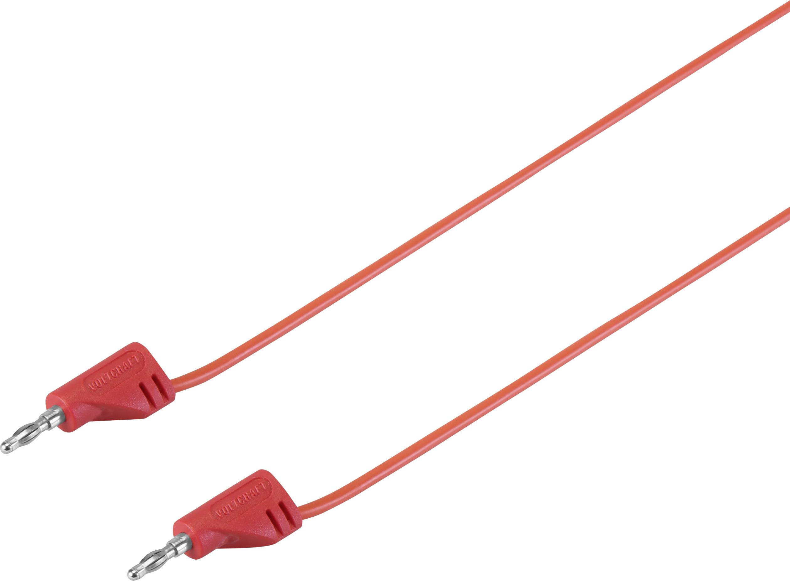 Two red, parallel audio cables with silver connectors that can be used as speaker connections.