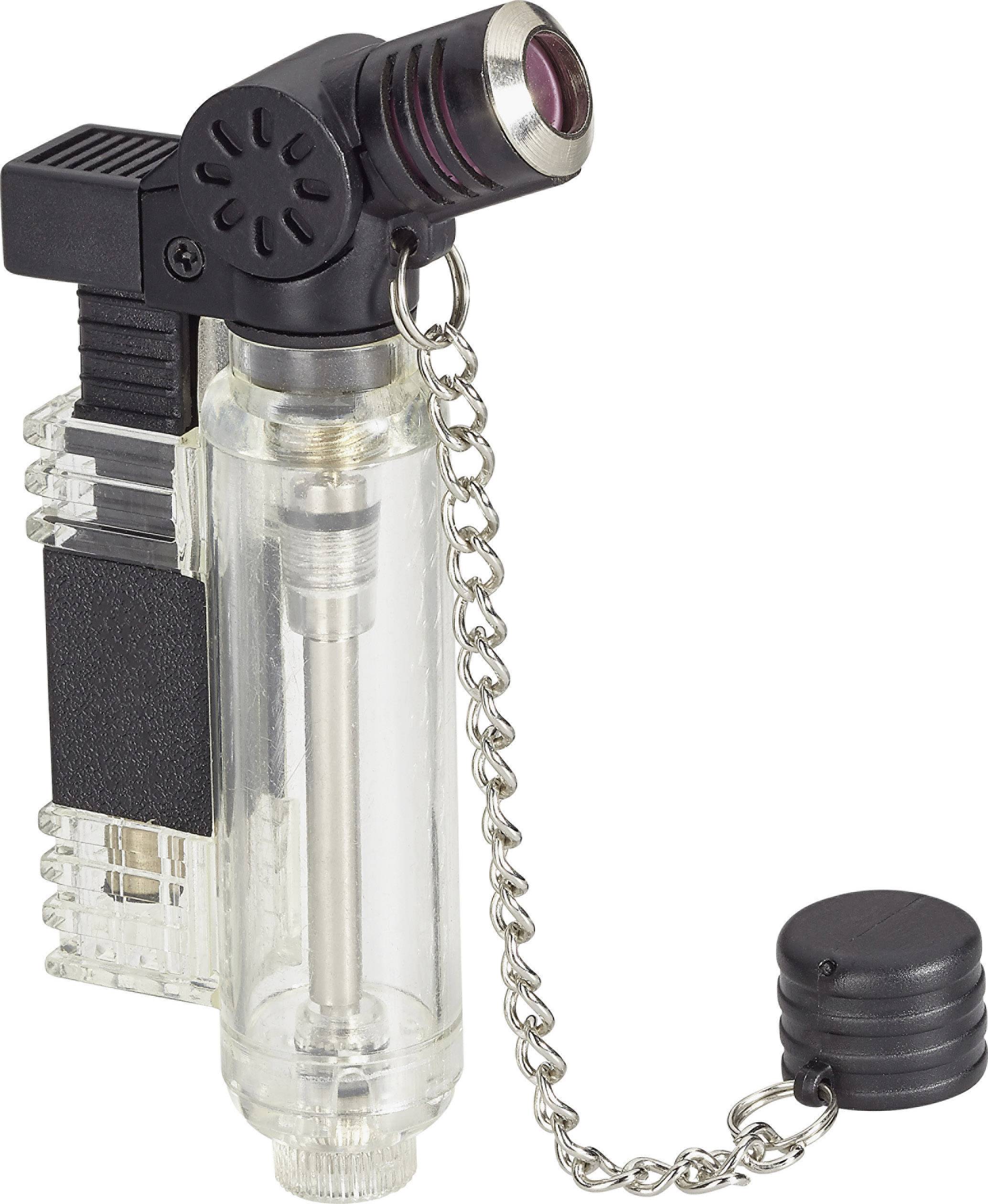 A transparent jet flame lighter with chain and removable protective cover. The tank shows the gas fill level.