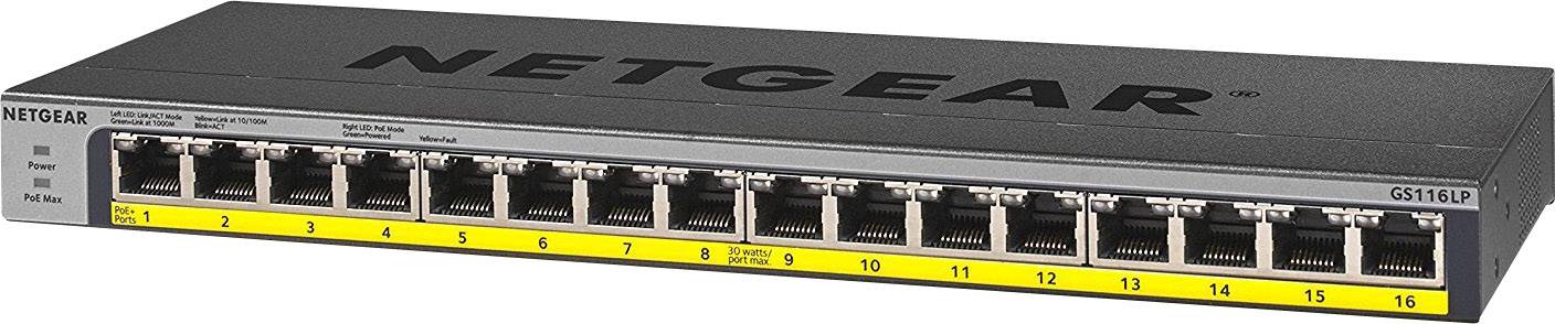 A Netgear network switch with 16 Ethernet ports, model GS116LP, primarily used for connecting multiple devices in a network.