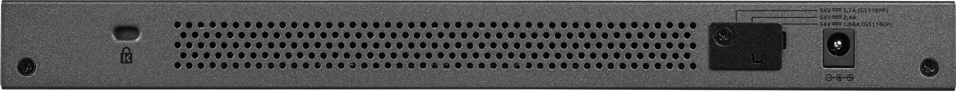 Back of a black device with ventilation grille, keyhole, power connection and switch.