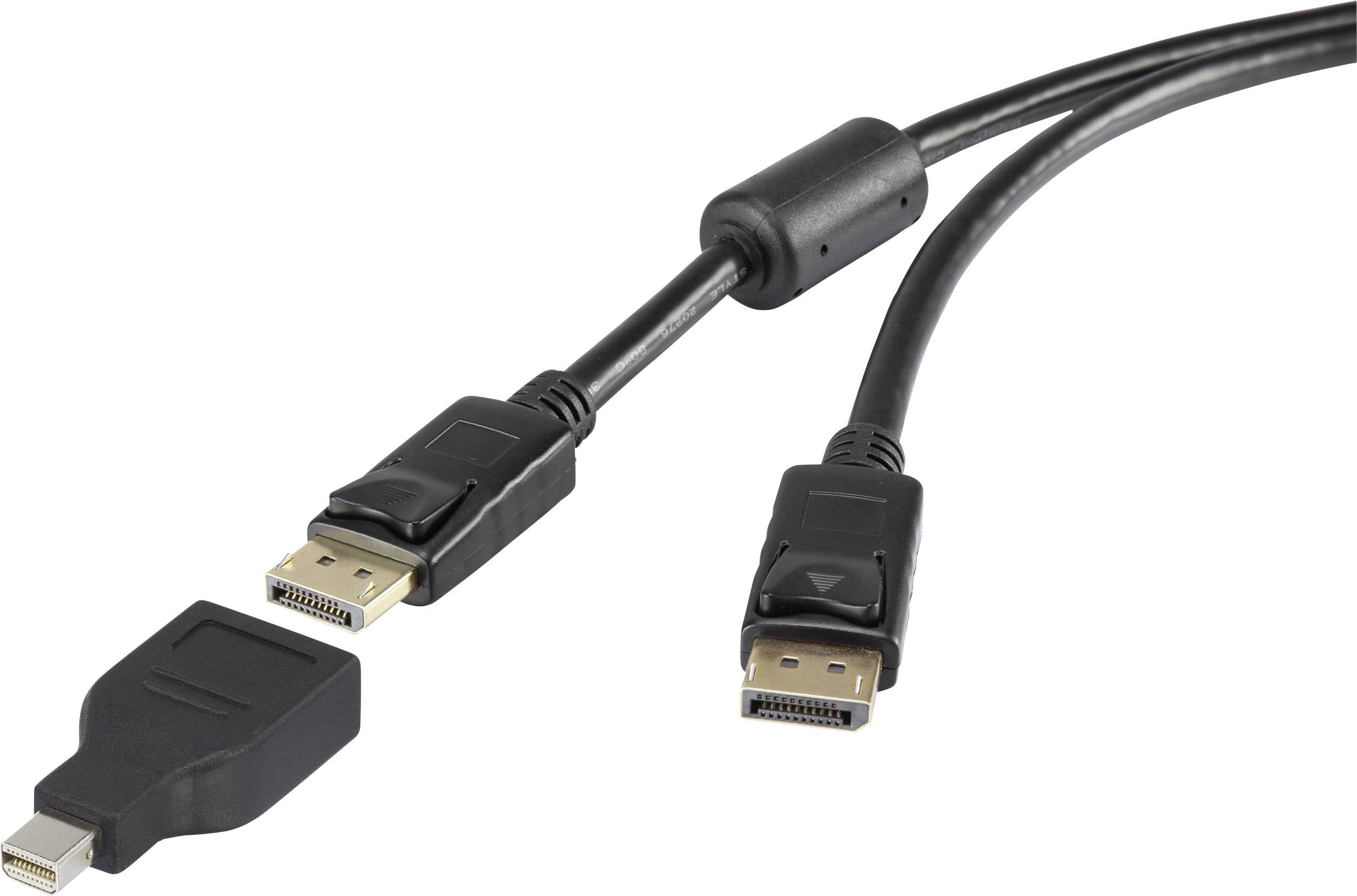 Three black DisplayPort cables and an adapter, representing the usual connections for monitors or audiovisual devices.