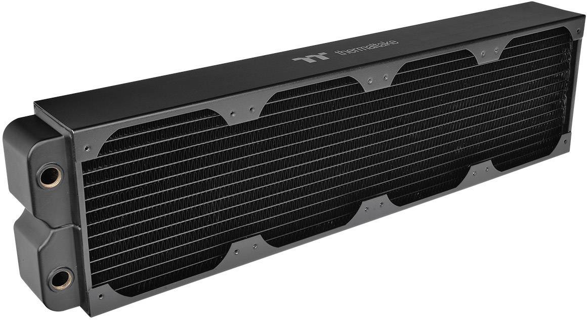 A large, black computer water cooler with multiple cooling channels and side connections. Ideal for efficient cooling.