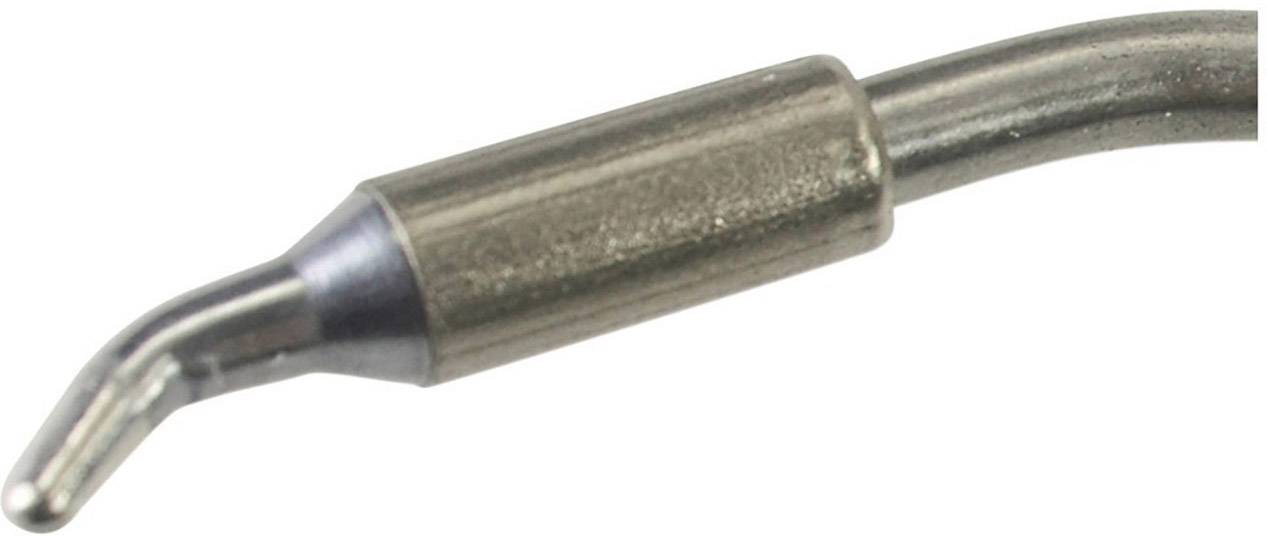 Close-up of a metallic, curved soldering tip used for handling small components during soldering work.