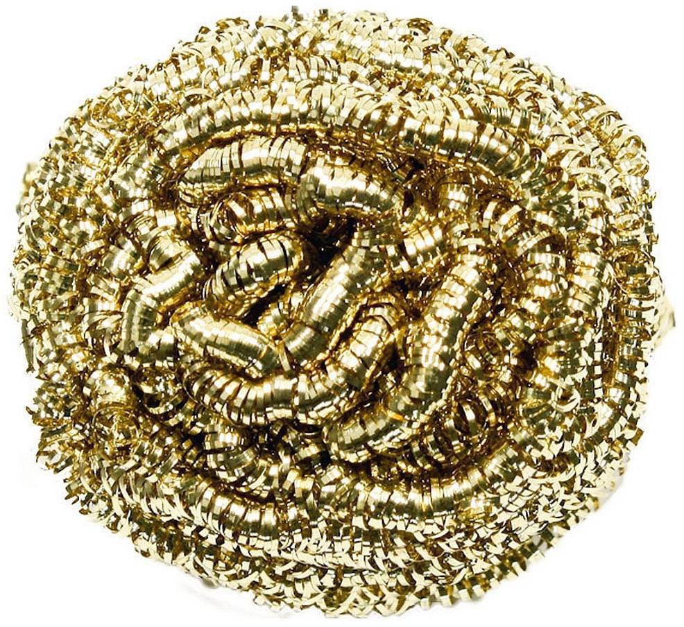 Gold-coloured pan scourer made from metal spirals, bundled together.