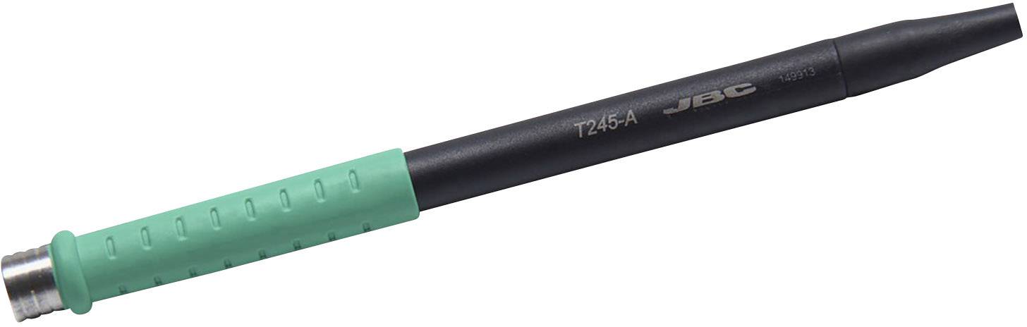 A black soldering iron tip with a green handle and metal nozzle. Text elements: 'T245-A' and 'JBC'.