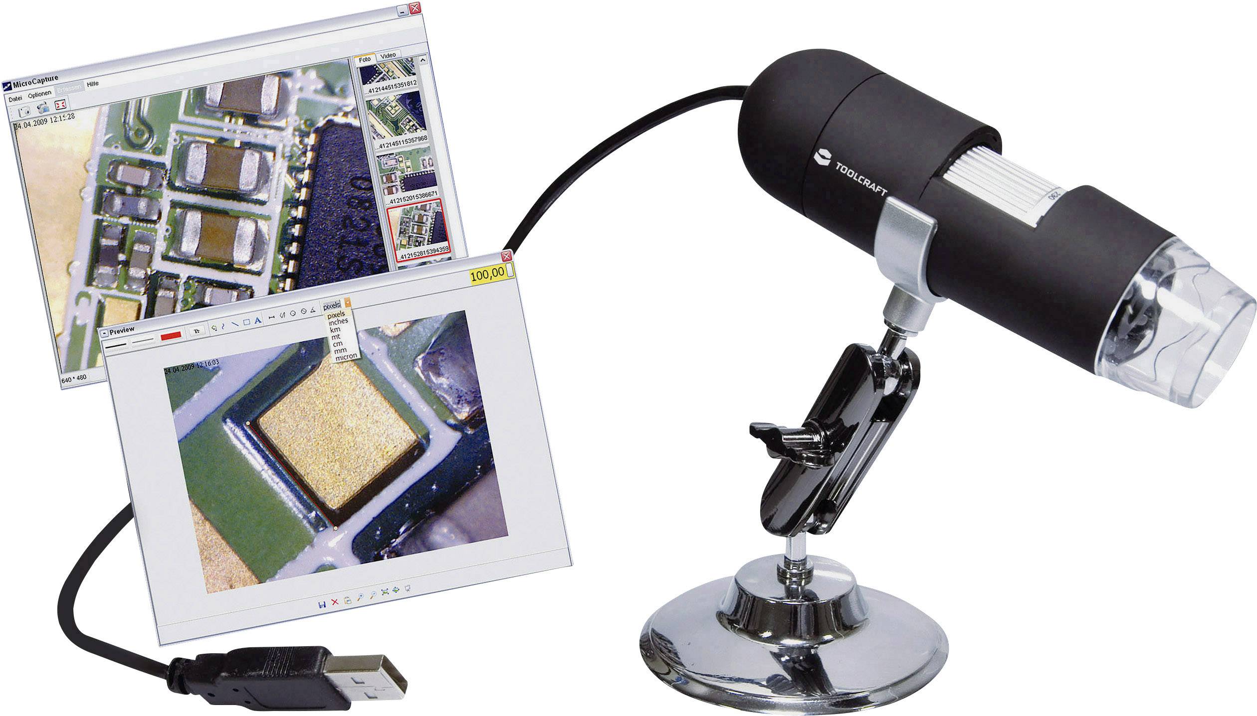 A black microscope with a USB connection displays images of magnified surfaces on a screen.